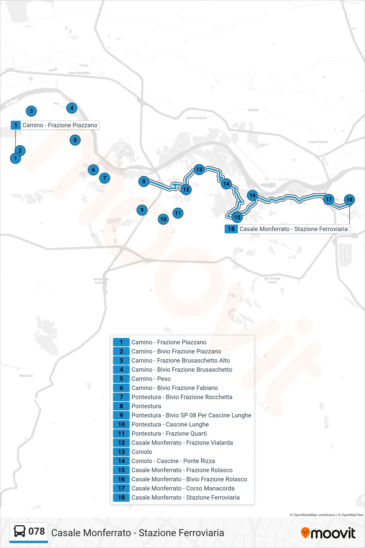 Linea 078  bus (Casale Monferrato -  Stazione Ferroviaria) - Percorsi e fermate sulla mappa