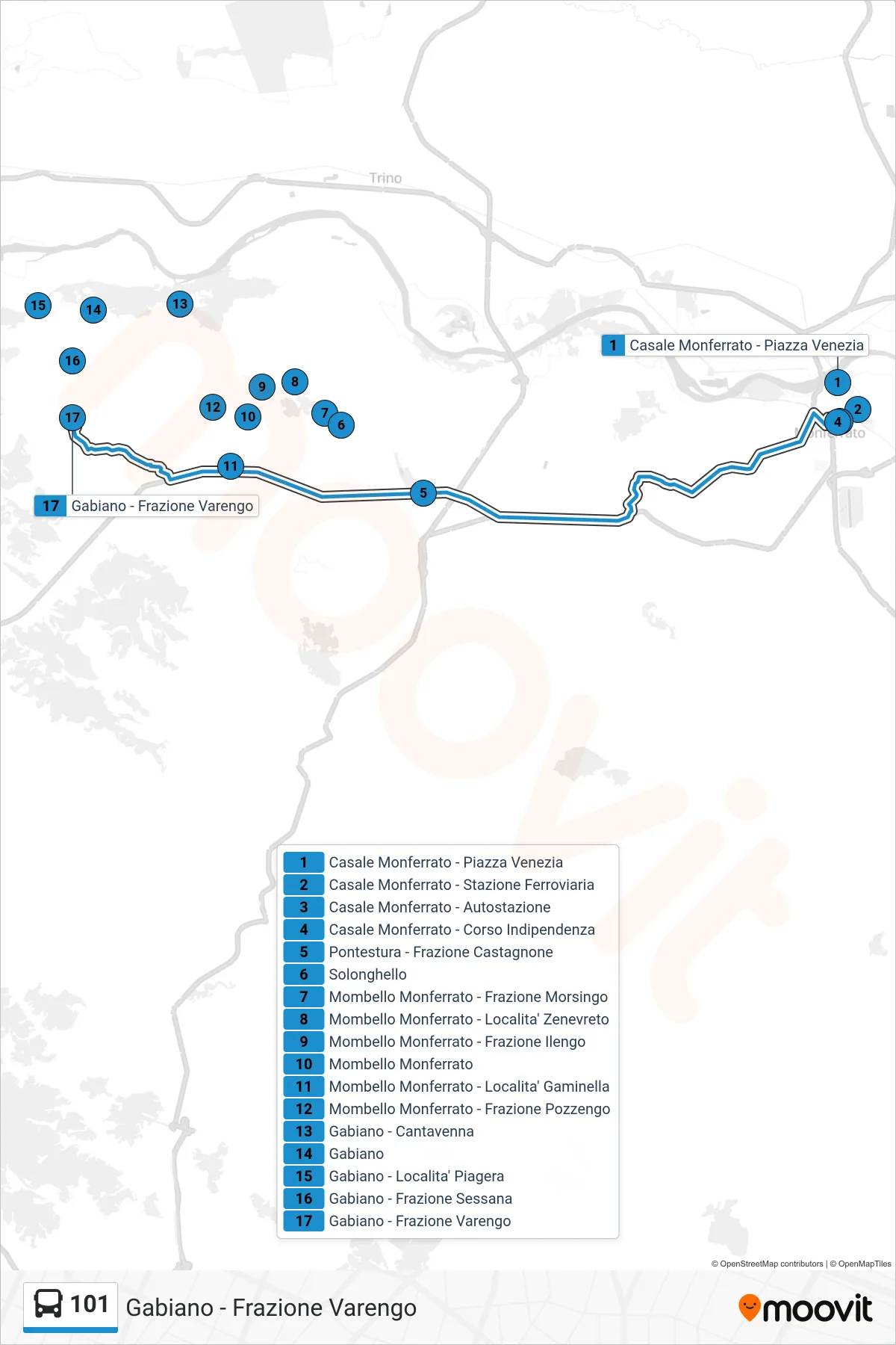 Linea 101 bus (Gabiano - Frazione Varengo) - Percorsi e fermate sulla mappa