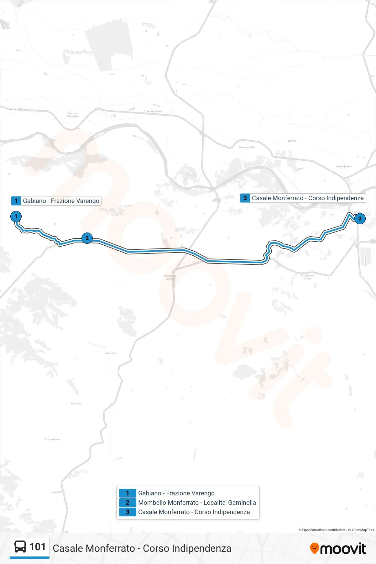 Linea 101  bus (Casale Monferrato - Corso Indipendenza) - Percorsi e fermate sulla mappa