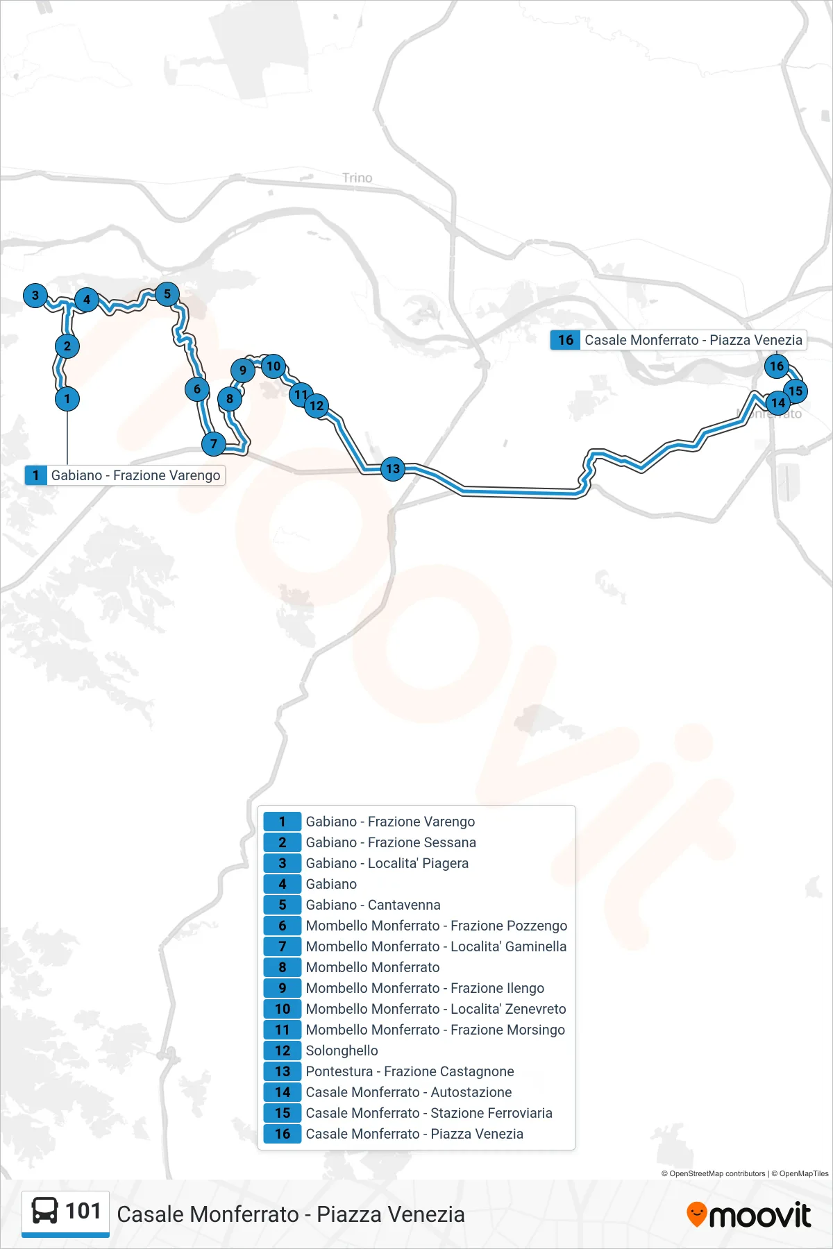 Linea 101 bus (Casale Monferrato - Piazza Venezia) - Percorsi e fermate sulla mappa
