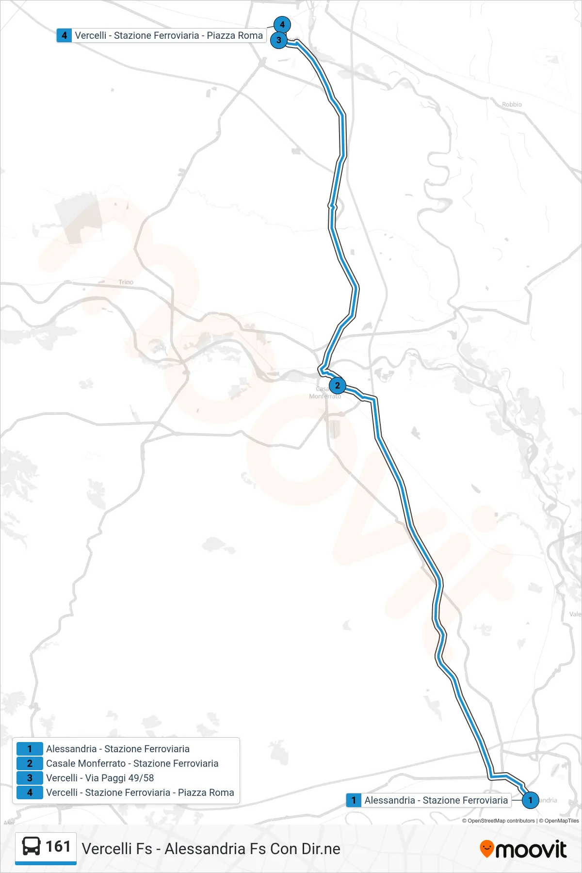 Linea 161 bus (Vercelli - Stazione Ferroviaria - Piazza Roma) - Percorsi e fermate sulla mappa