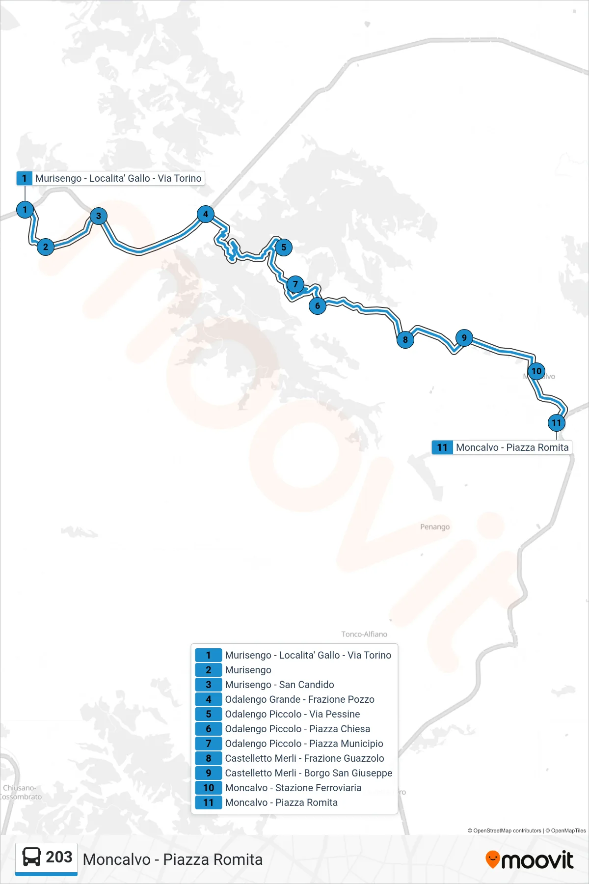 Linea 203 bus (Moncalvo - Piazza Romita) - Percorsi e fermate sulla mappa