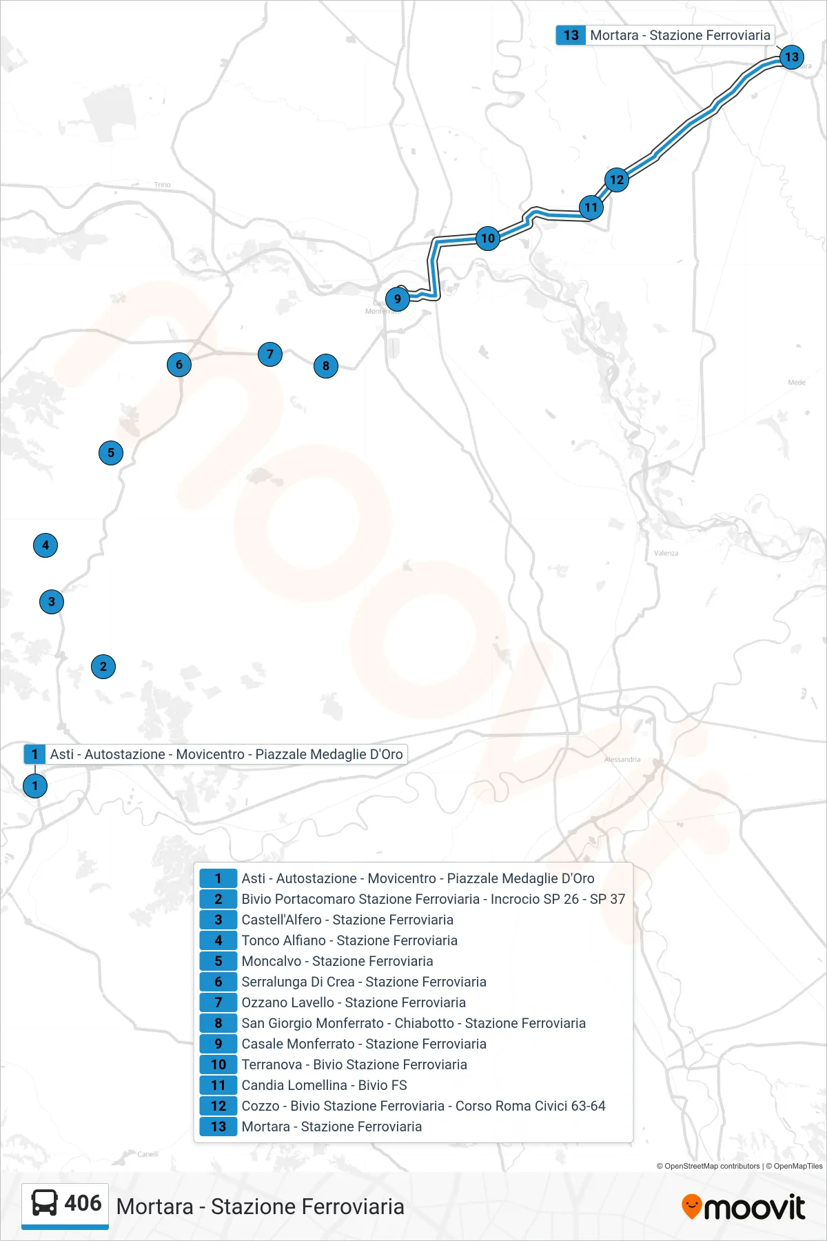 Linea 406  bus (Mortara - Stazione Ferroviaria) - Percorsi e fermate sulla mappa