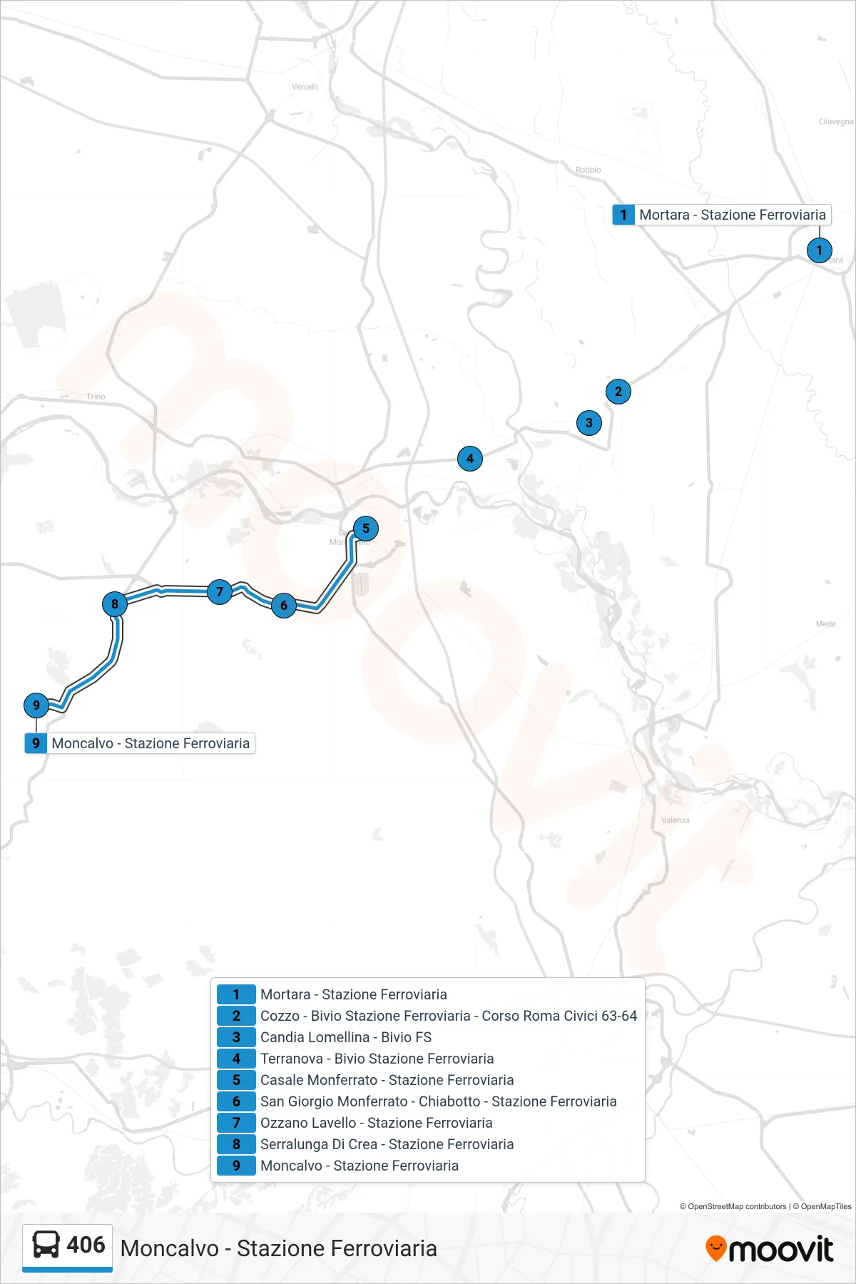 Linea 406 bus (Moncalvo - Stazione Ferroviaria) - Percorsi e fermate sulla mappa