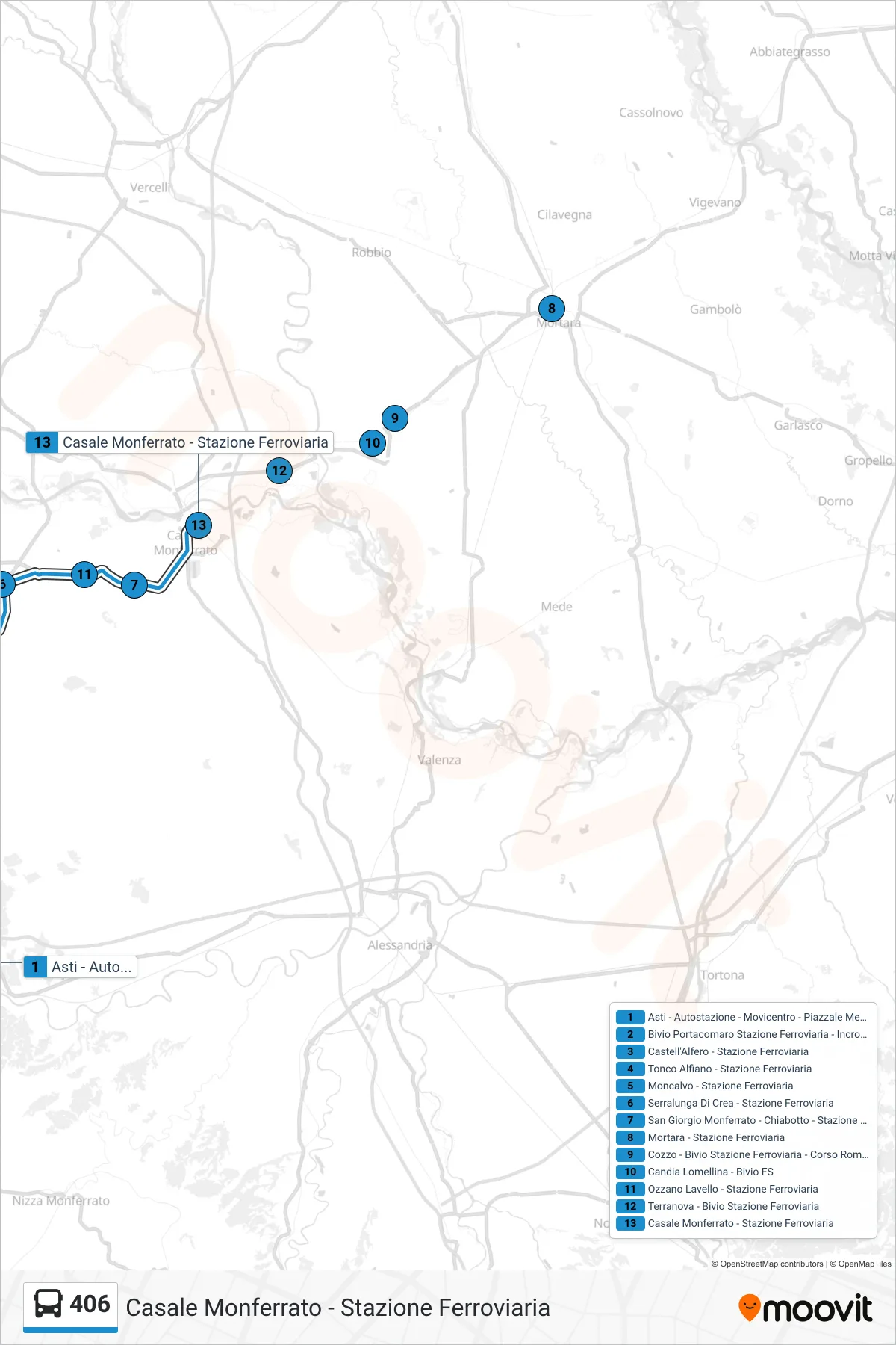 Linea 406  bus (Casale Monferrato -  Stazione Ferroviaria) - Percorsi e fermate sulla mappa