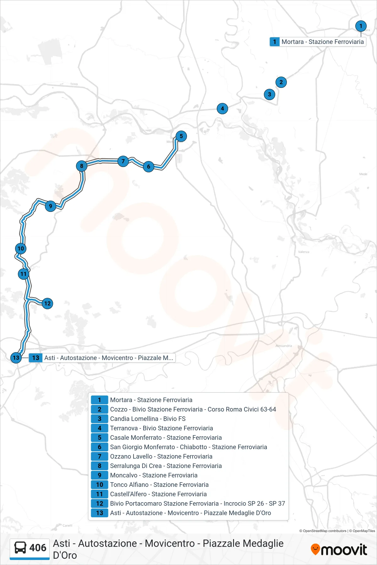 Linea 406  bus (Asti - Autostazione - Movicentro - Piazzale Medaglie D'Oro) - Percorsi e fermate sulla mappa