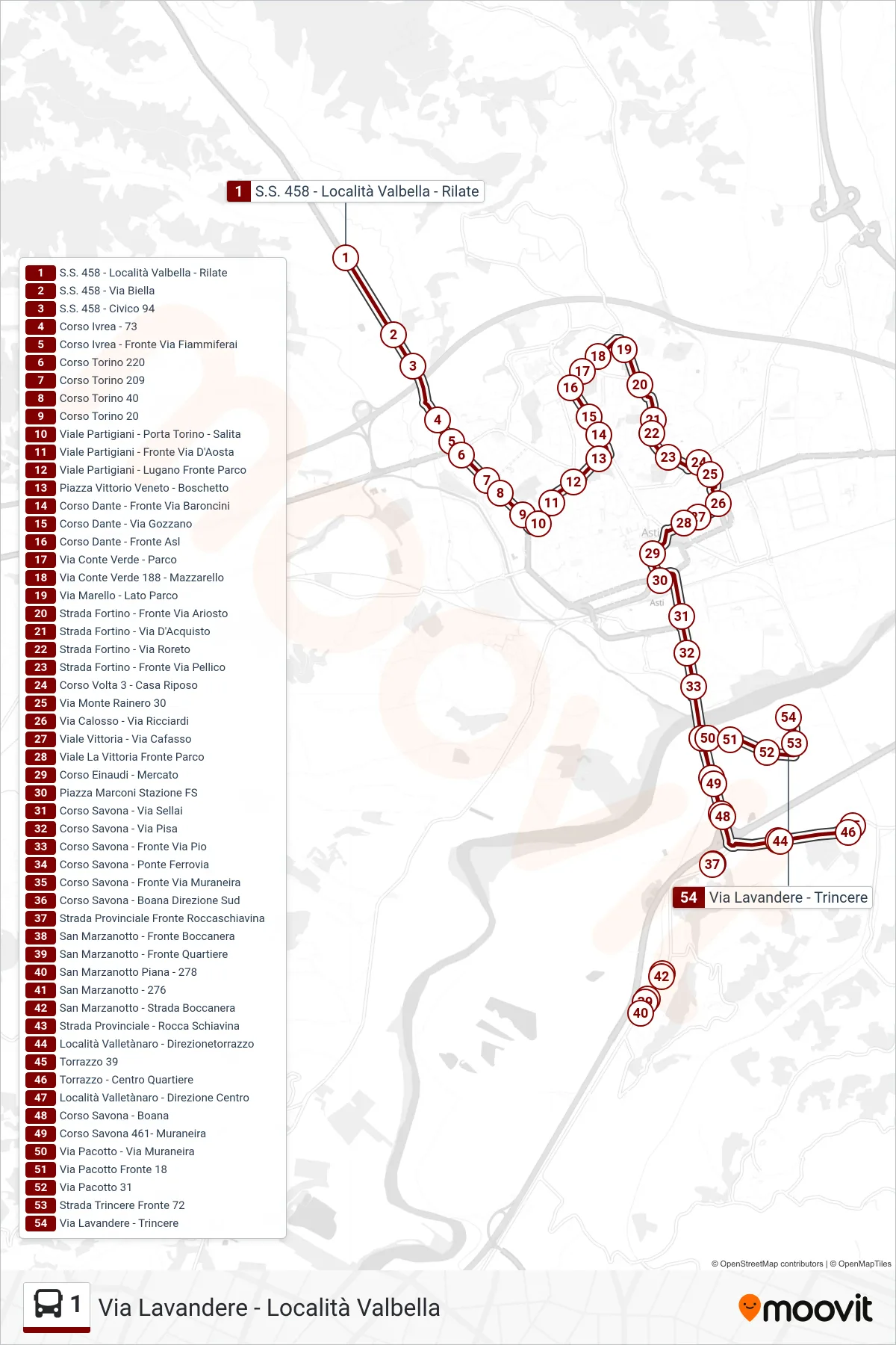 Linea 1  bus (Torrazzo - Trincere) - Percorsi e fermate sulla mappa