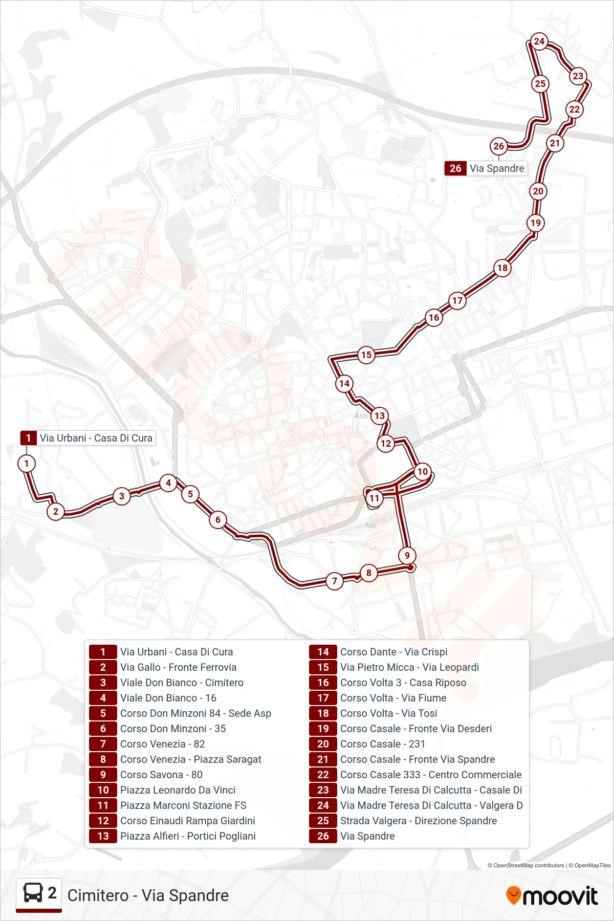Linea 2  bus (Via Spandre) - Percorsi e fermate sulla mappa