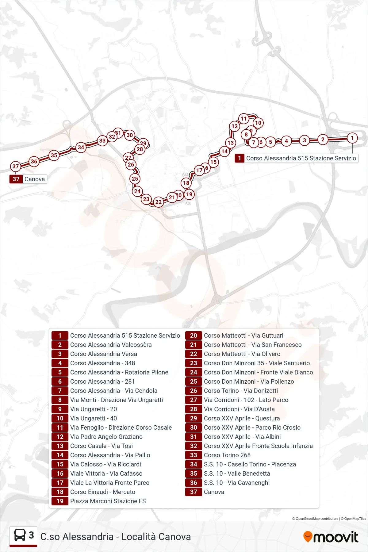 Linea 3 bus (Canova - Corso Torino) - Percorsi e fermate sulla mappa
