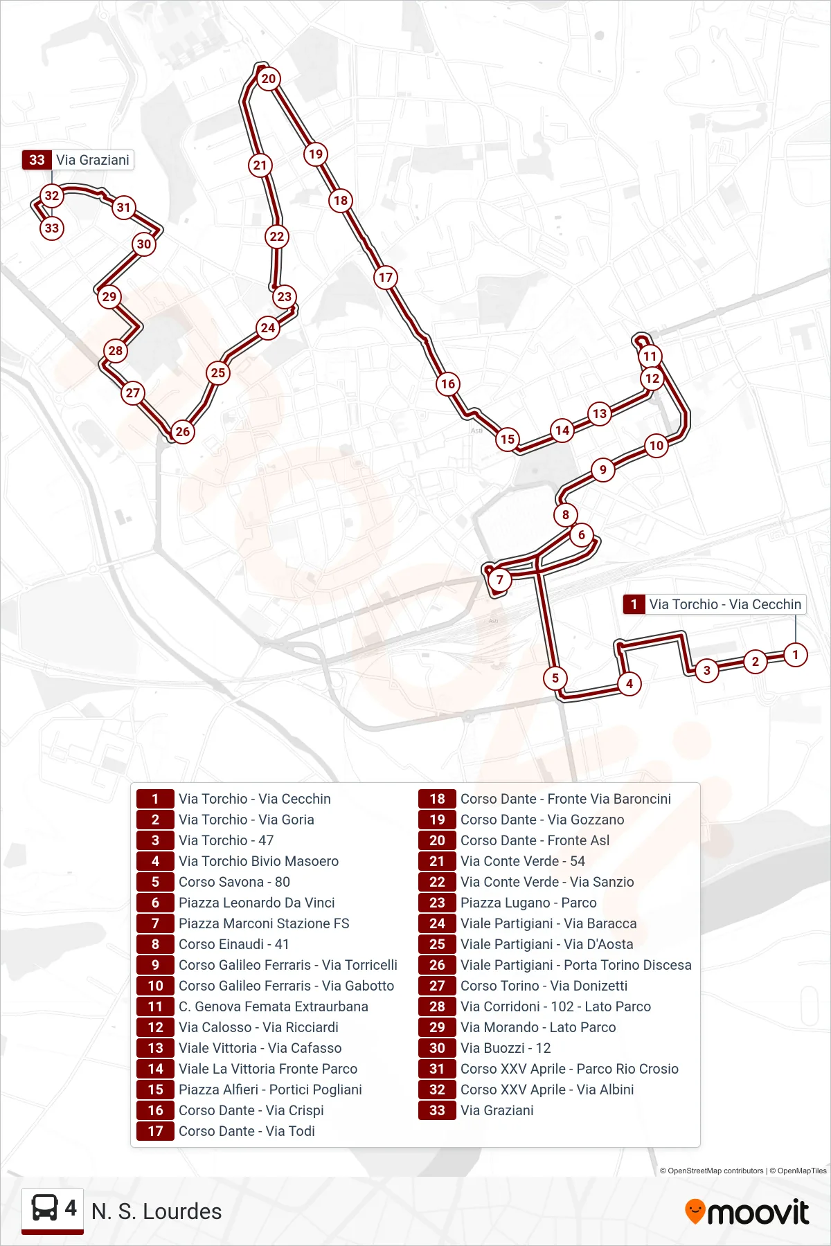 Linea 4 bus (N. S. Lourdes) - Percorsi e fermate sulla mappa