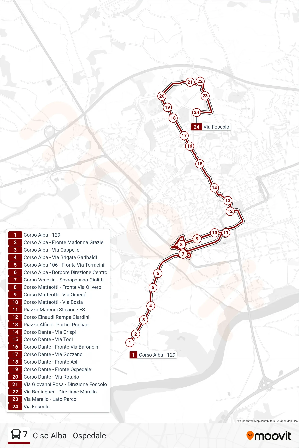 Linea 7  bus (Zona Ospedale - Via Foscolo) - Percorsi e fermate sulla mappa
