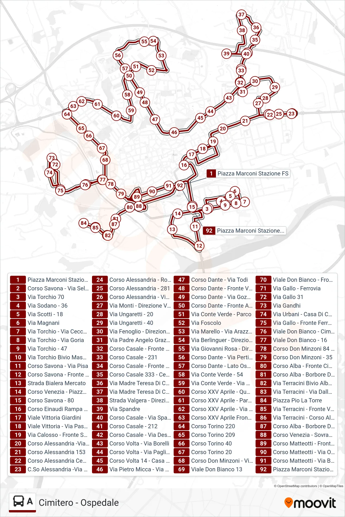 Linea A  bus (FS - Spandre - Asl - Cimitero) - Percorsi e fermate sulla mappa