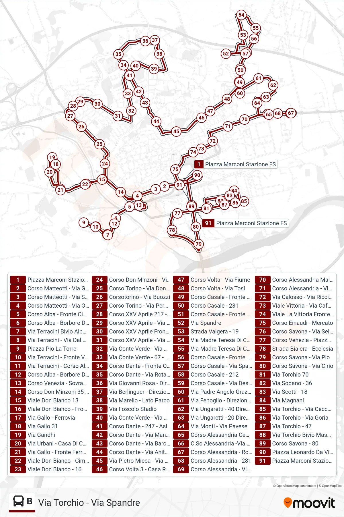 Linea B bus (FS - Cimitero - Asl - Spandre) - Percorsi e fermate sulla mappa
