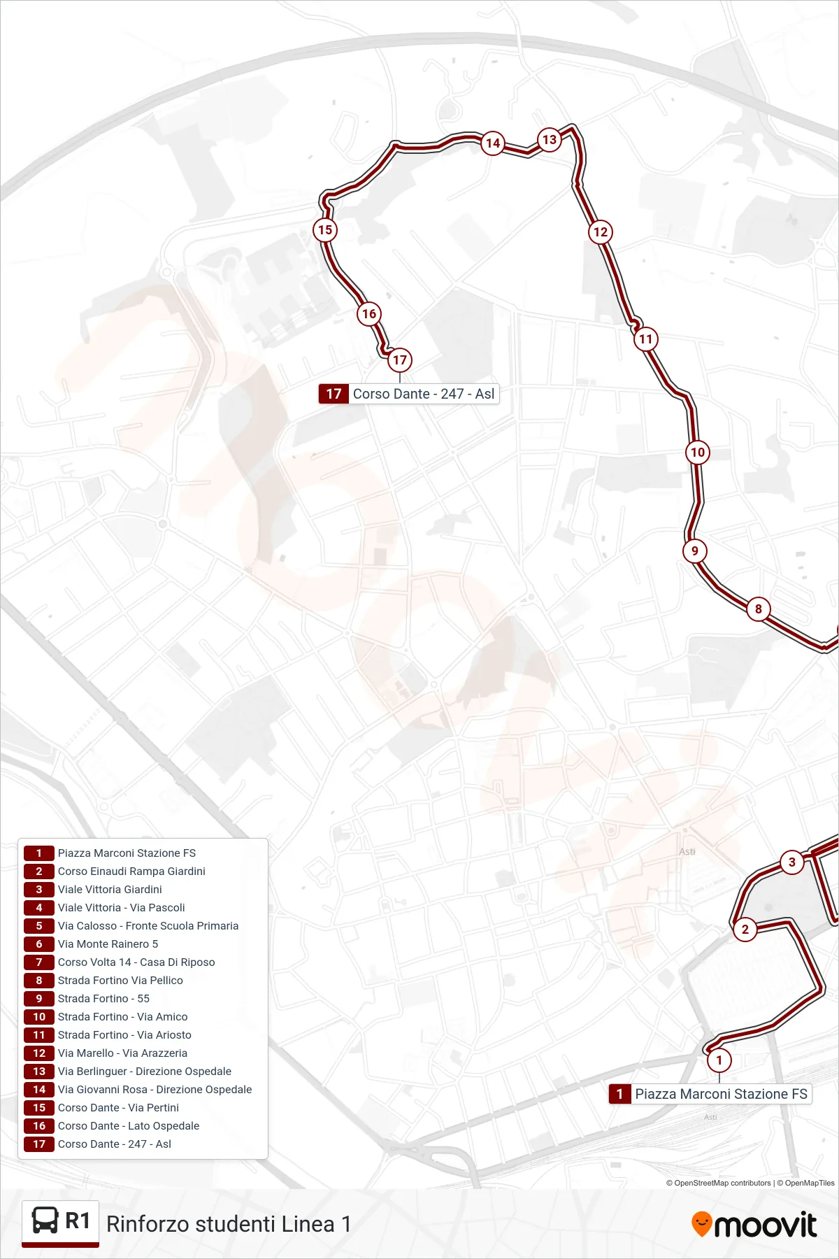 Linea R1 bus (Rinforzo Linea 1) - Percorsi e fermate sulla mappa
