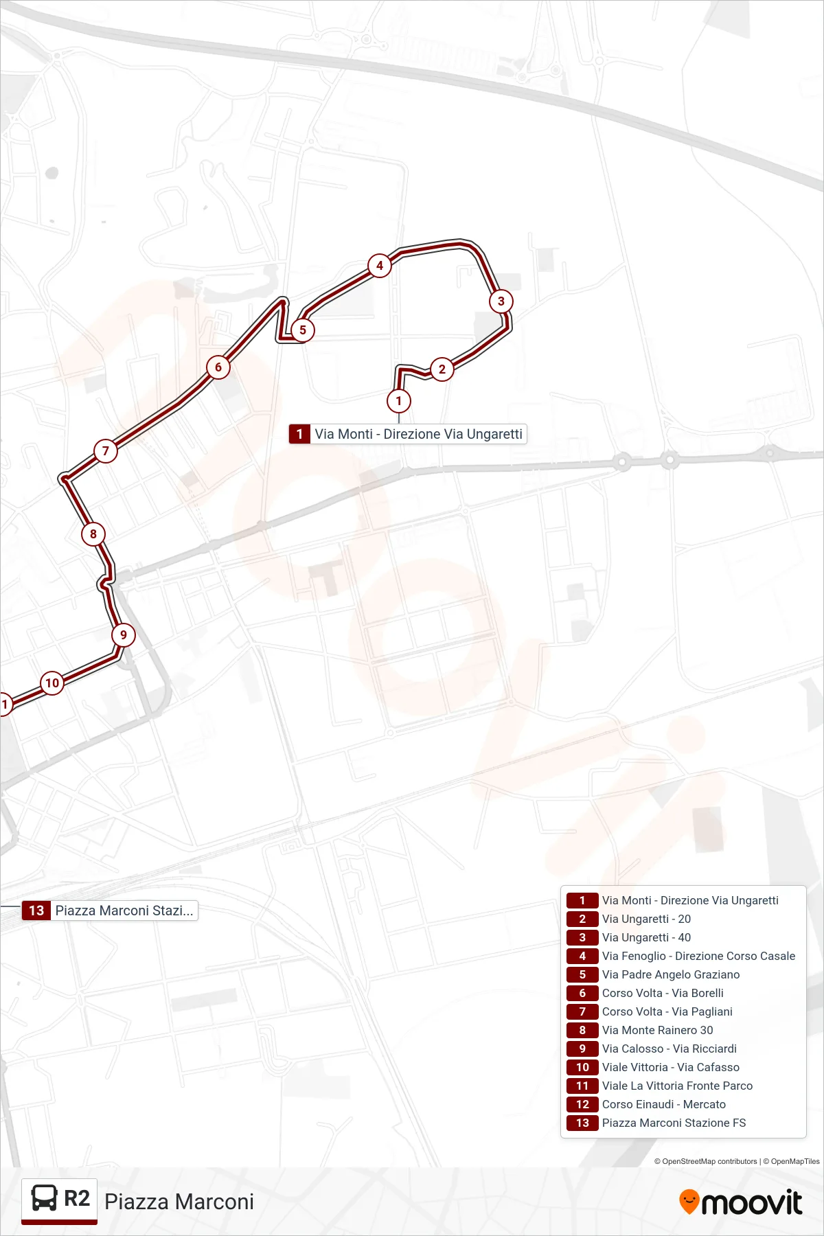 Linea R2  bus (Piazza Marconi) - Percorsi e fermate sulla mappa
