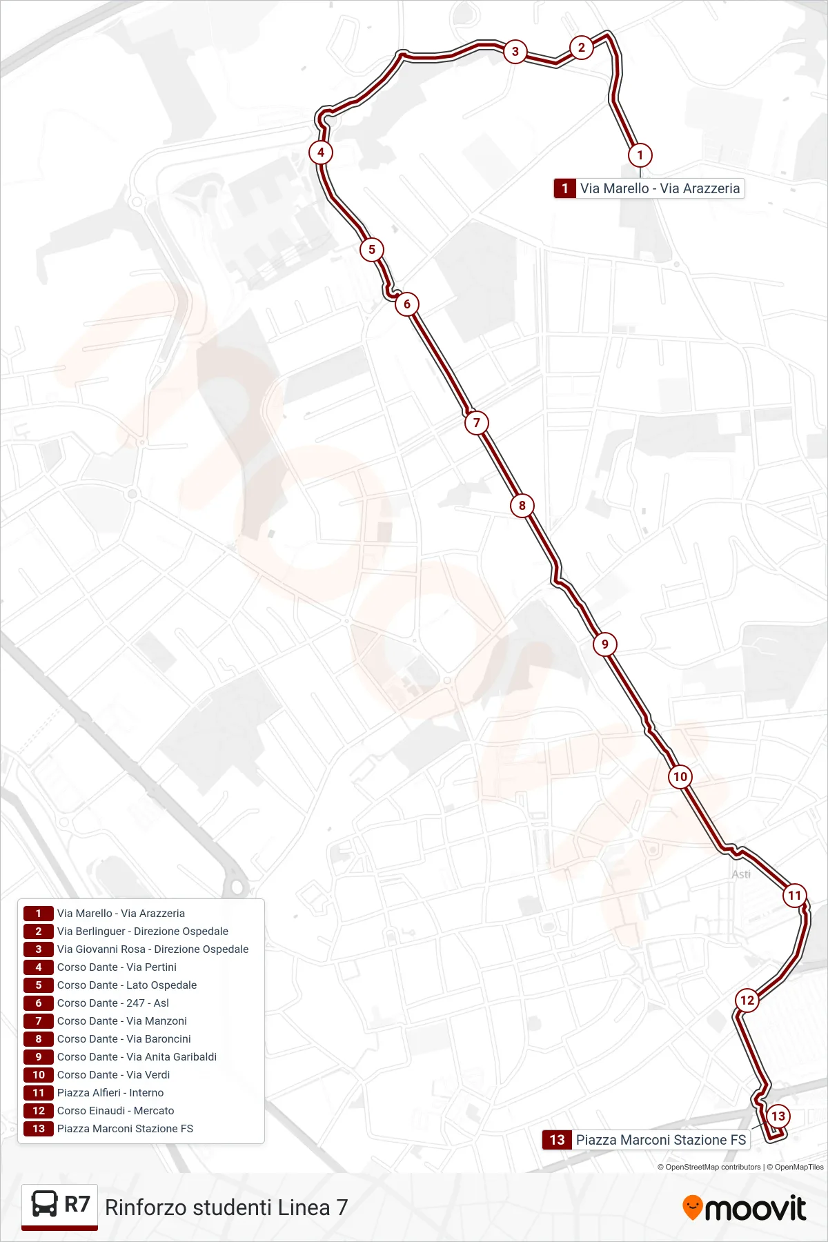 Linea R7 bus (Piazza Marconi) - Percorsi e fermate sulla mappa