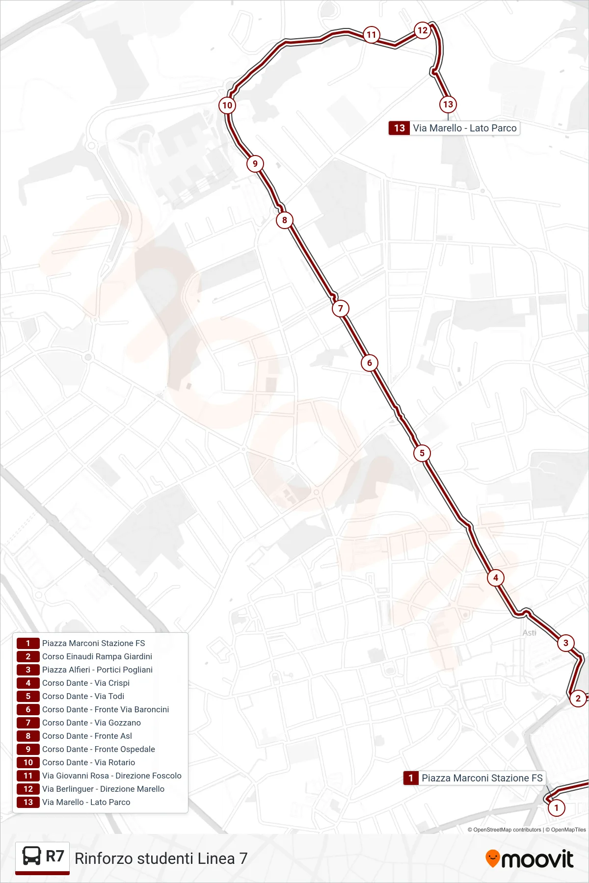 Linea R7  bus (Via Marello) - Percorsi e fermate sulla mappa