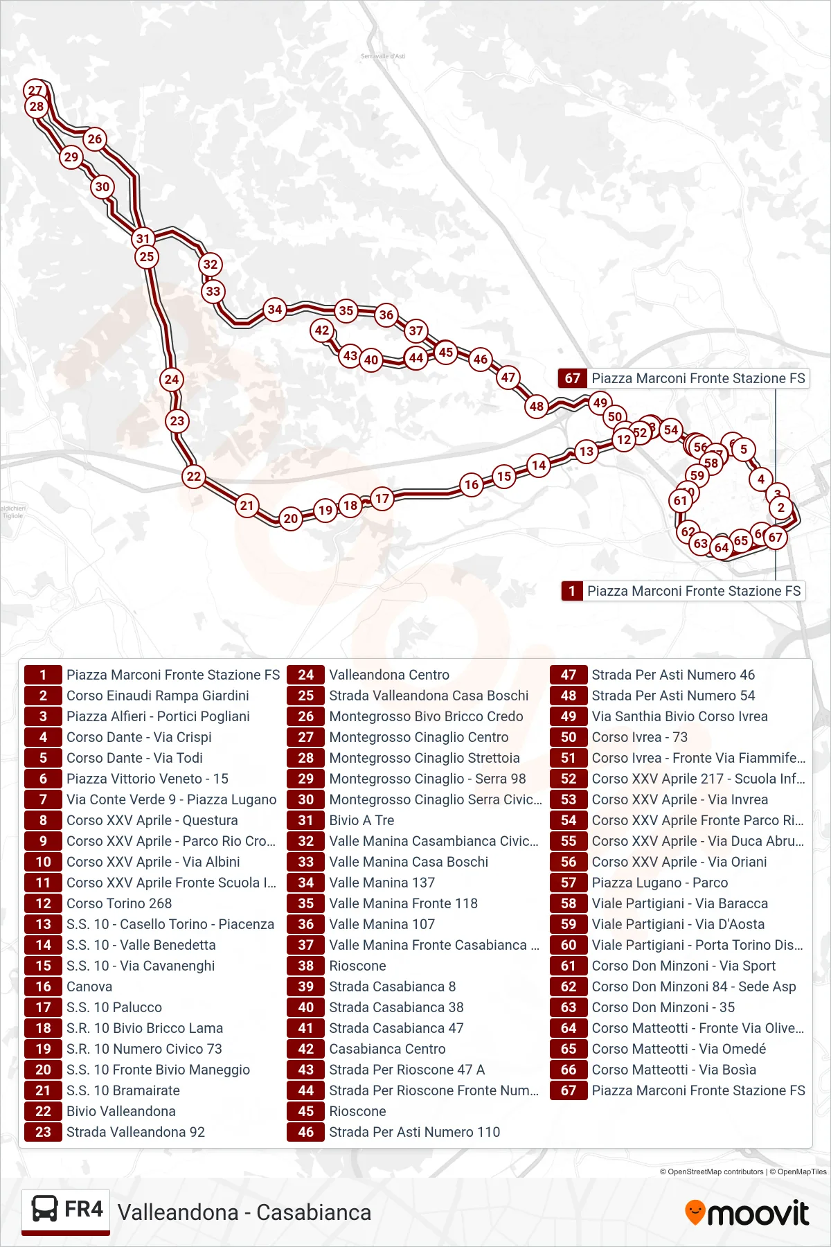 Linea FR4 bus (Valleandona) - Percorsi e fermate sulla mappa