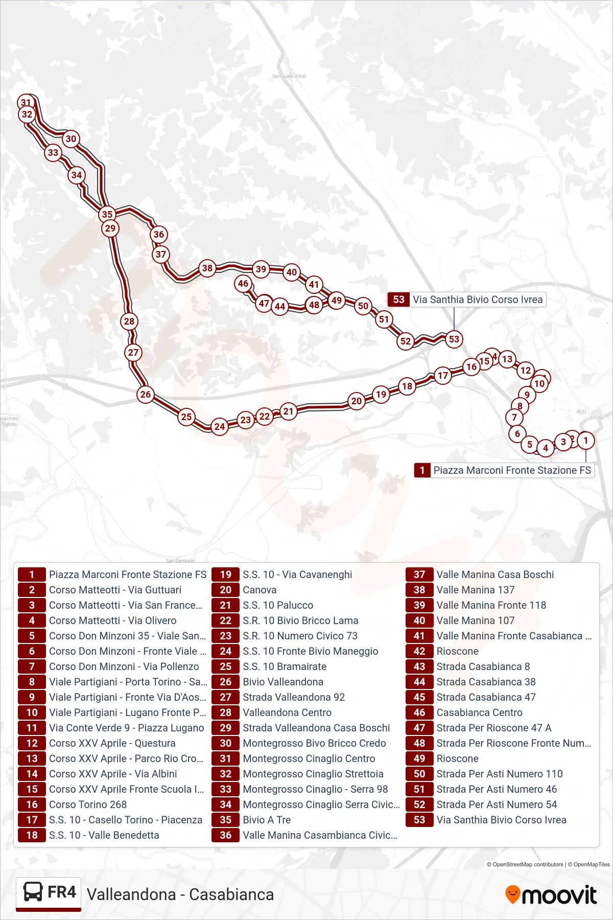 Linea FR4  bus (Valleandona) - Percorsi e fermate sulla mappa