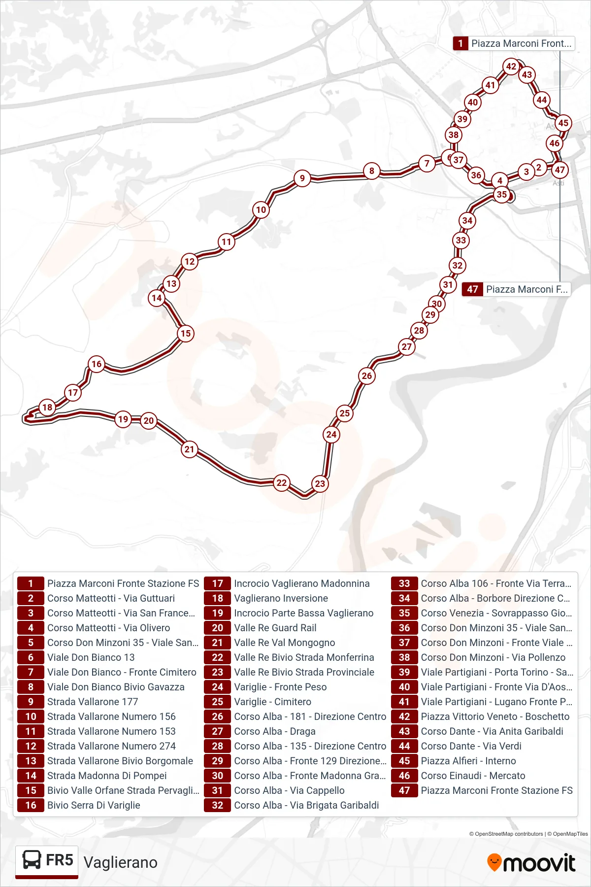 Linea FR5 bus (Vaglierano) - Percorsi e fermate sulla mappa
