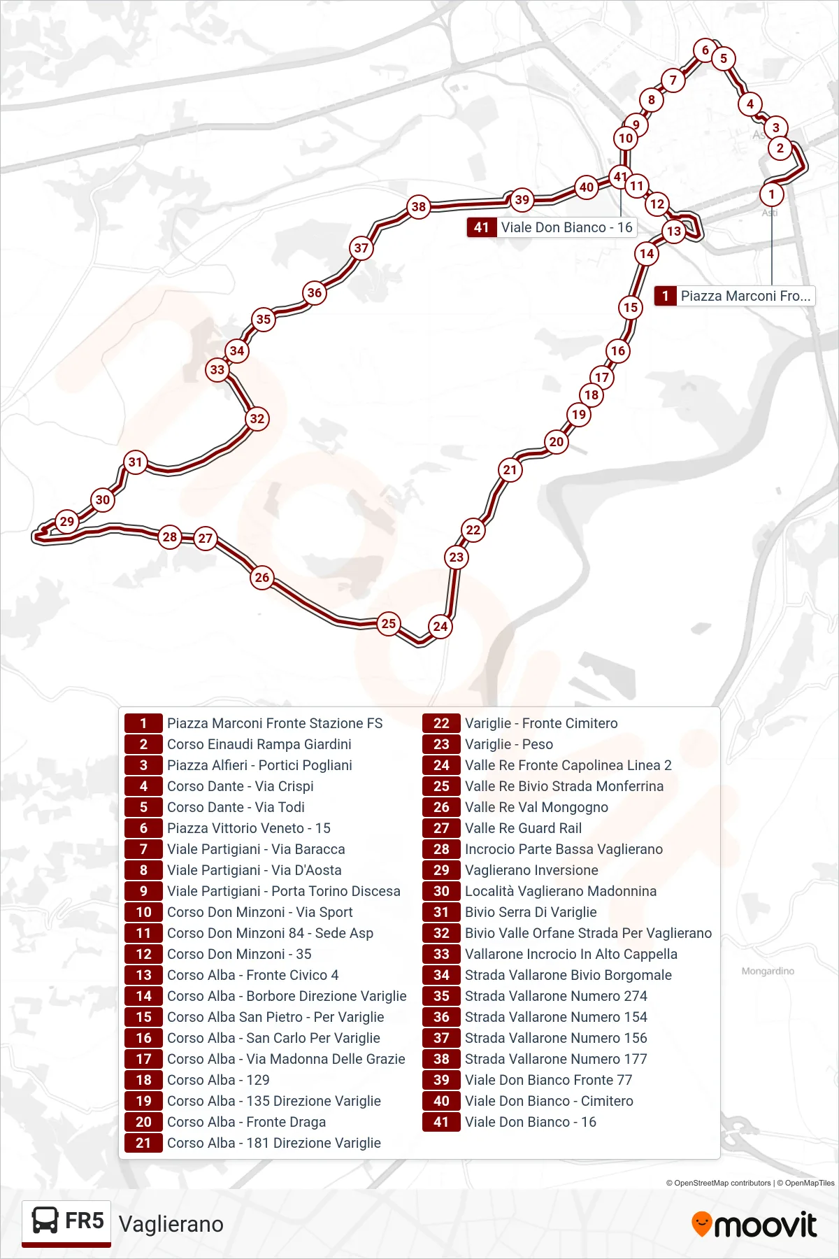 Linea FR5 bus (Vaglierano) - Percorsi e fermate sulla mappa