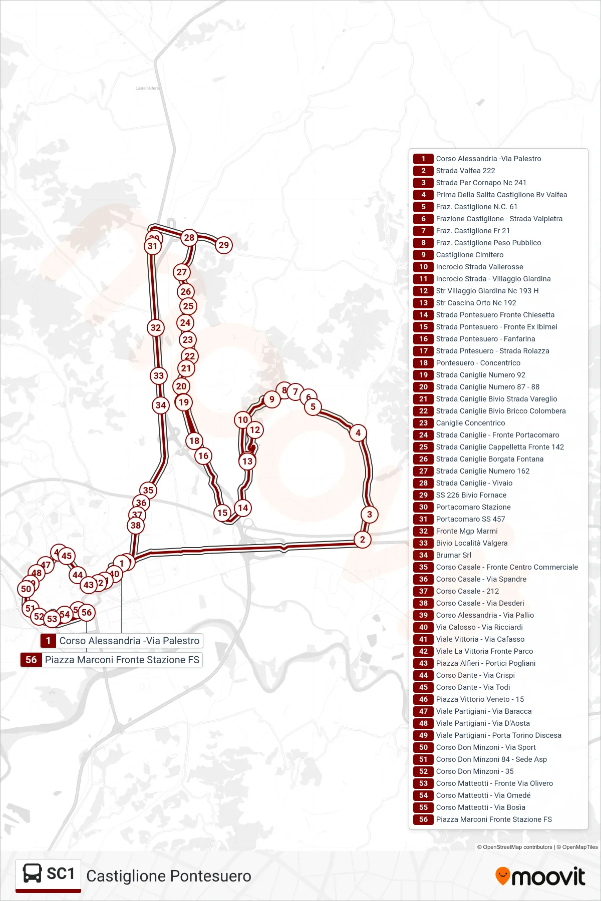 Linea SC1  bus (Castiglione Pontesuero) - Percorsi e fermate sulla mappa