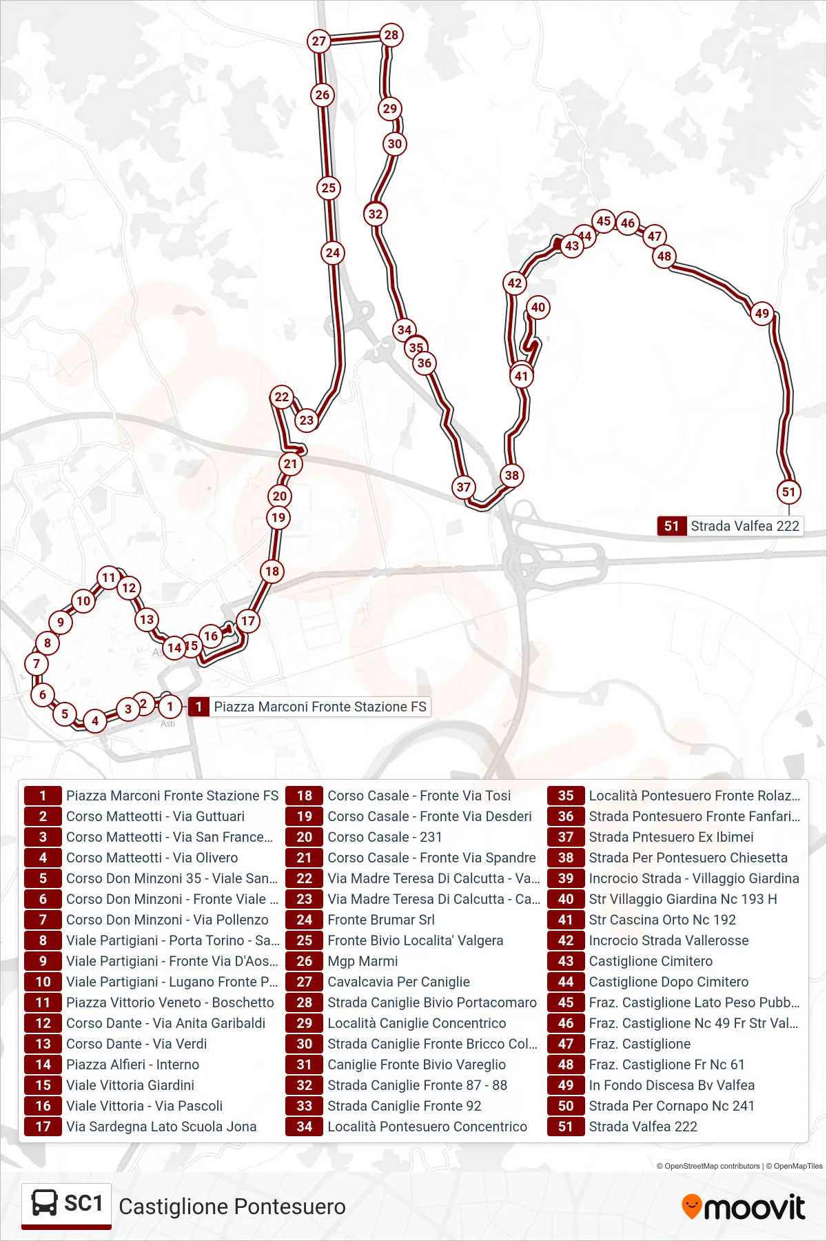 Linea SC1 bus (Castiglione Pontesuero) - Percorsi e fermate sulla mappa