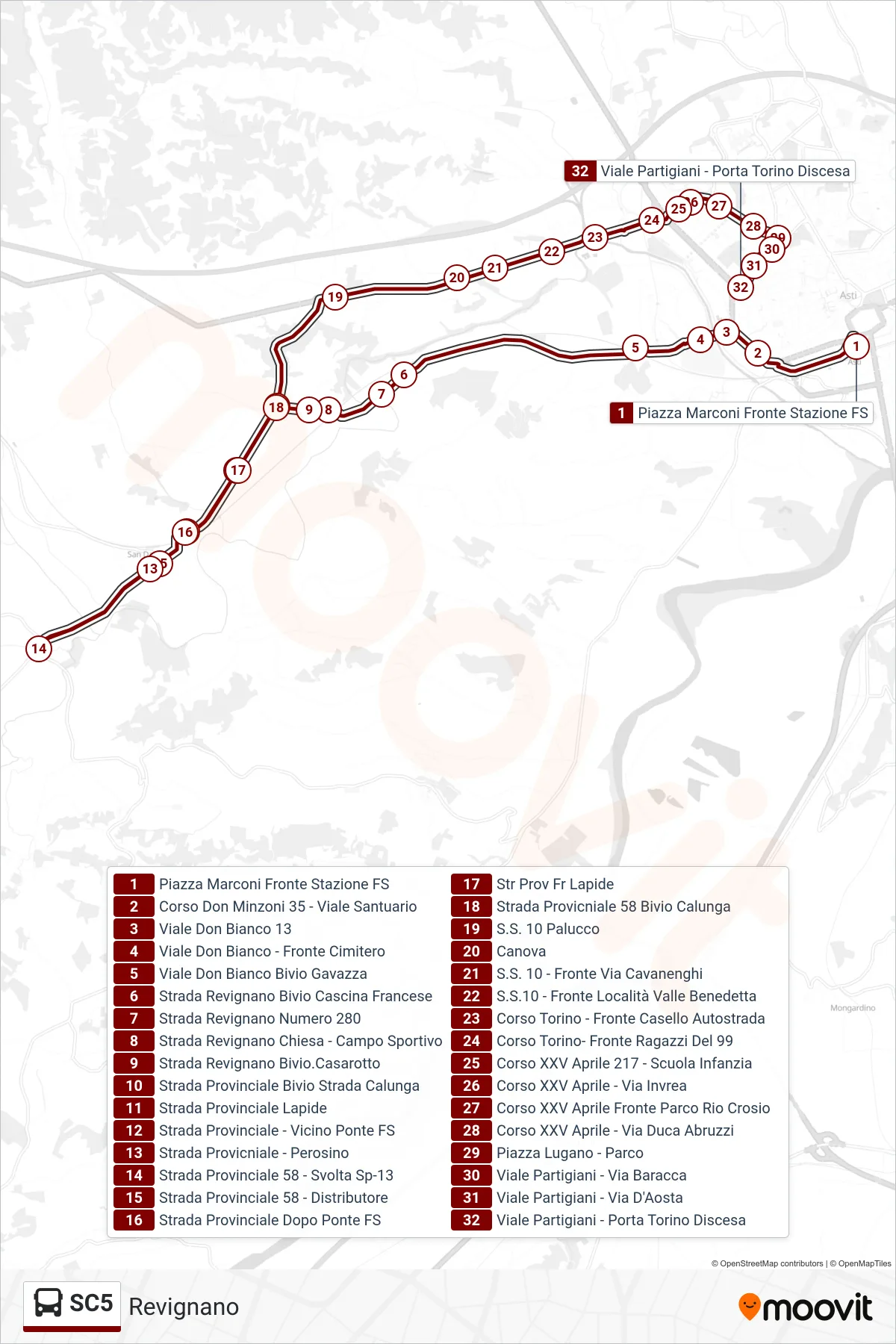 Linea SC5 bus (Revignano) - Percorsi e fermate sulla mappa