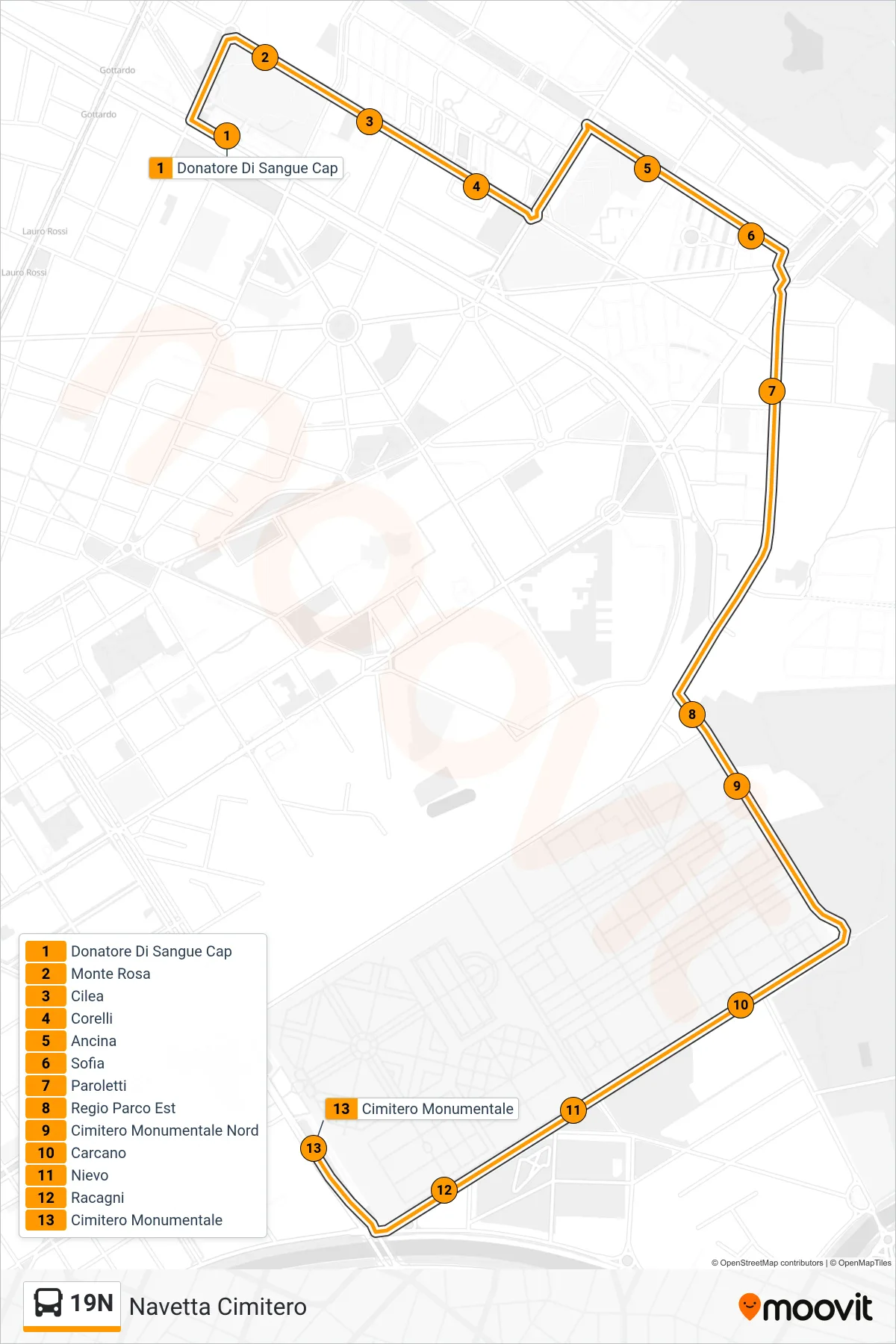 19N bus Line (Cemetery Shuttle) route and stops on a map