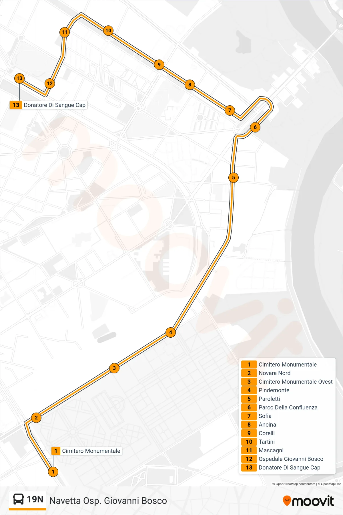 Linea 19N bus (Navetta Osp. Giovanni Bosco) - Percorsi e fermate sulla mappa