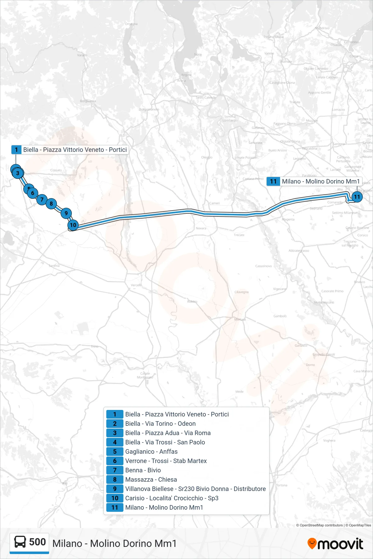 Linea 500 bus (Milano - Molino Dorino Mm1) - Percorsi e fermate sulla mappa