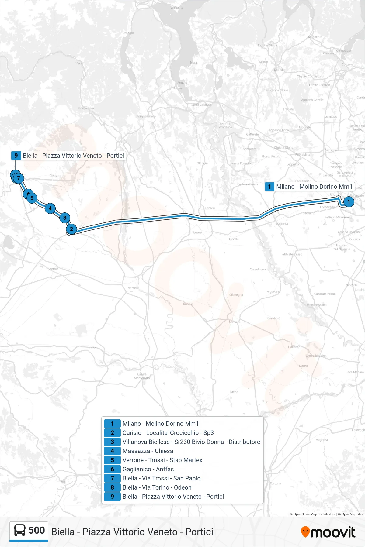 Linea 500 bus (Biella - Piazza Vittorio Veneto - Portici) - Percorsi e fermate sulla mappa