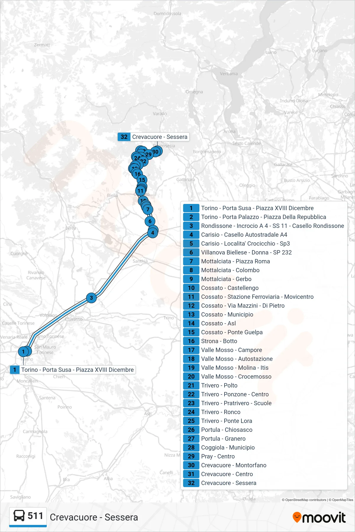 Linea 511 bus (Crevacuore - Sessera) - Percorsi e fermate sulla mappa