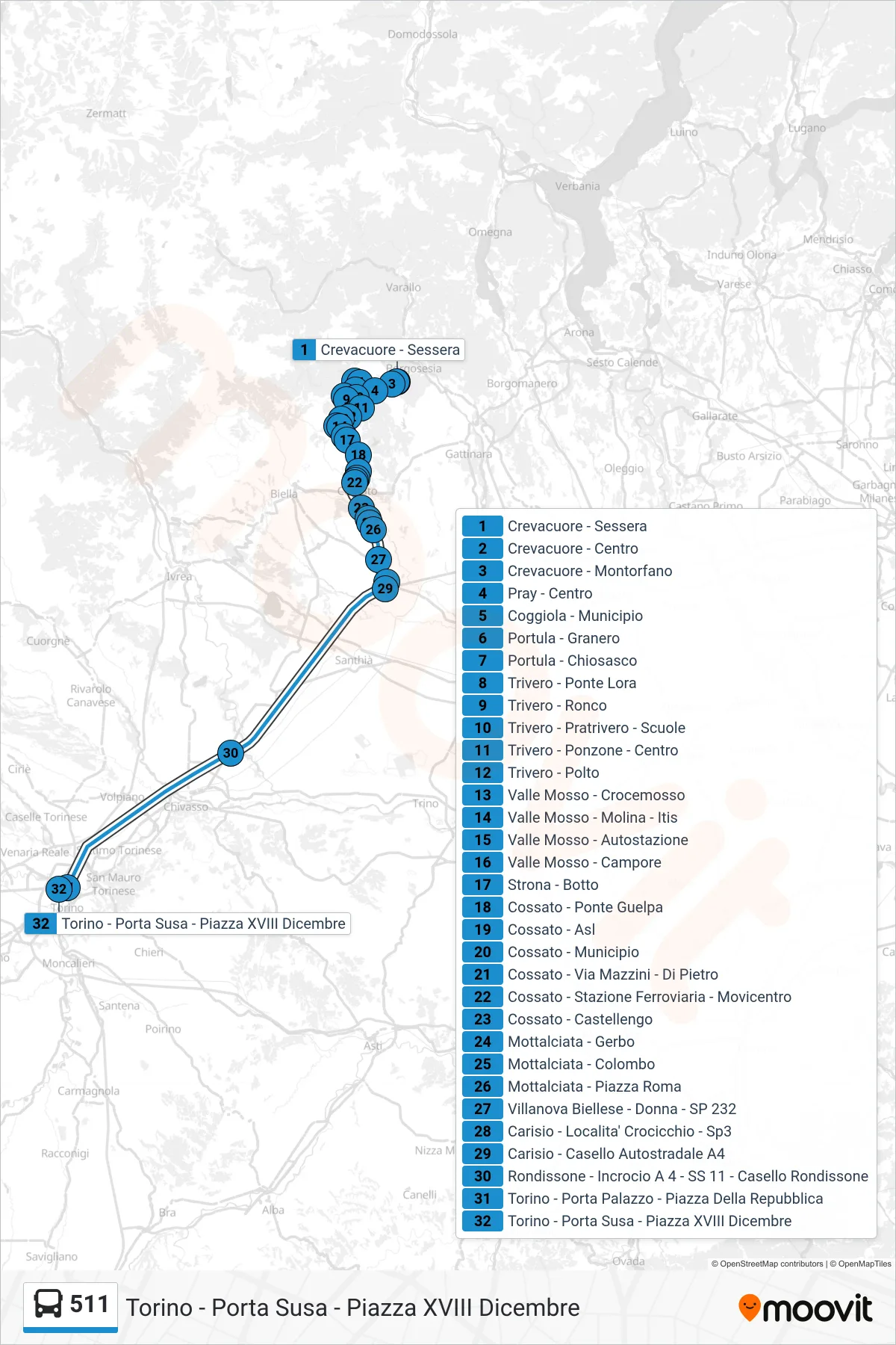 Linea 511 bus (Torino - Porta Susa - Piazza XVIII Dicembre) - Percorsi e fermate sulla mappa