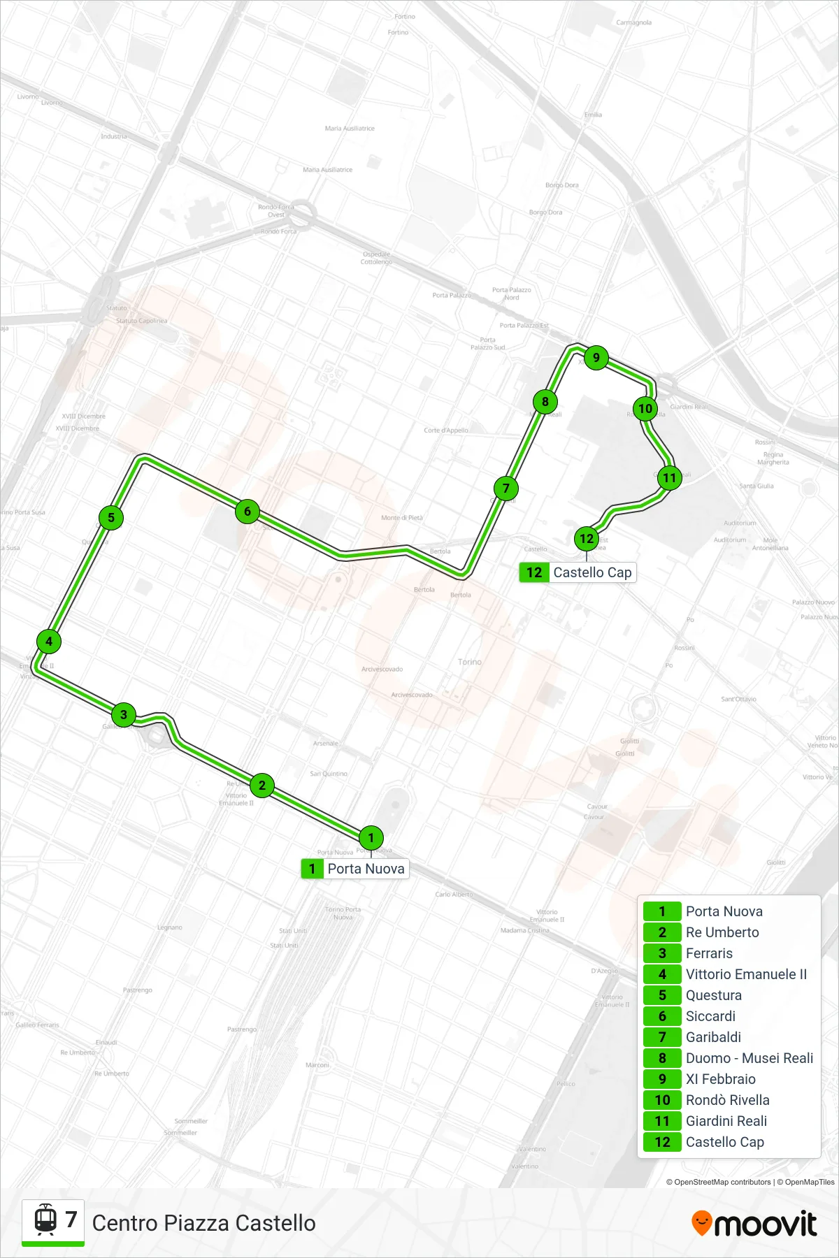 Linea 7  tram (Centro Piazza Castello) - Percorsi e fermate sulla mappa