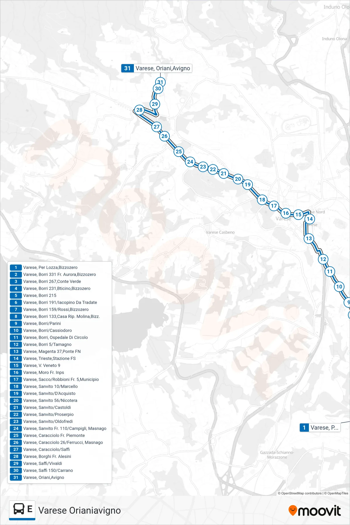 Linea E bus (Varese Orianiavigno) - Percorsi e fermate sulla mappa