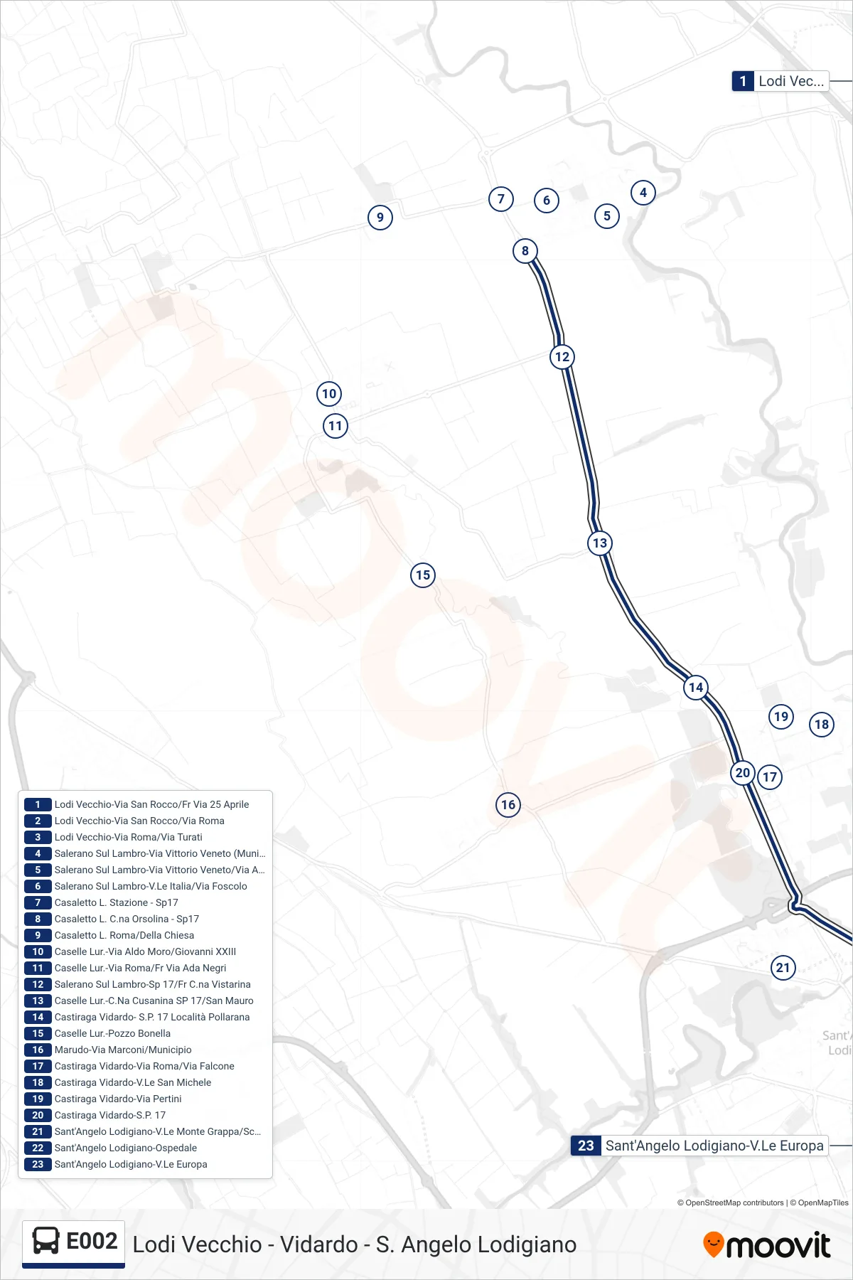 Linea E002 bus (Sant'Angelo Lodigiano-V.Le Europa) - Percorsi e fermate sulla mappa
