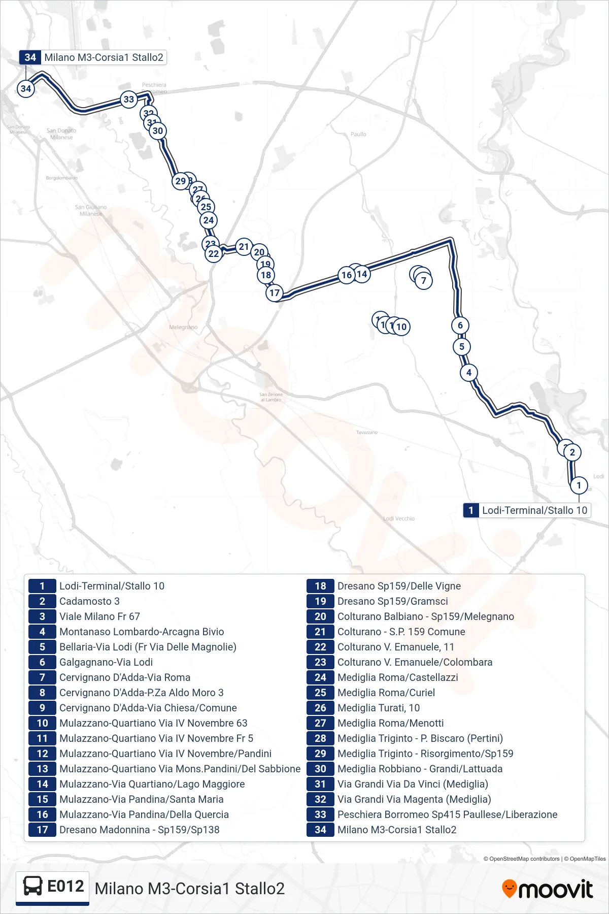 Linea E012 bus (Milano M3-Corsia1 Stallo2) - Percorsi e fermate sulla mappa