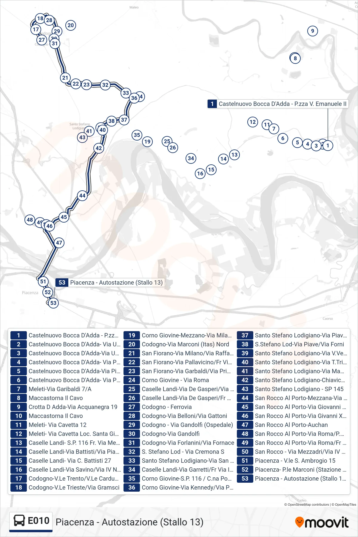 Linea E010 bus (Piacenza - Autostazione (Stallo 13)) - Percorsi e fermate sulla mappa