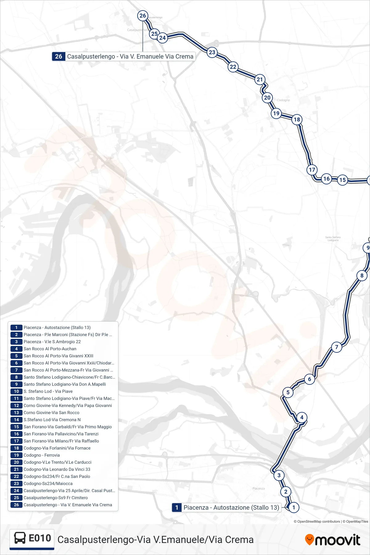 Linea E010  bus (Casalpusterlengo-Via V.Emanuele/Via Crema) - Percorsi e fermate sulla mappa