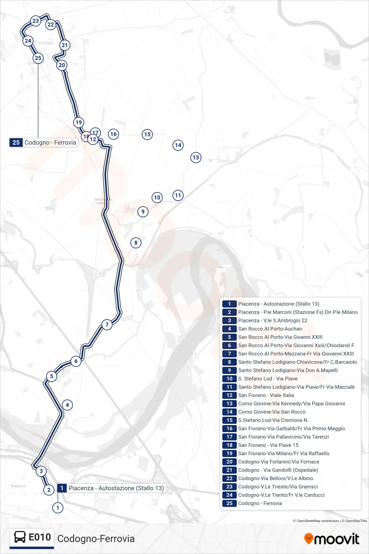Linea E010 bus (Codogno-Ferrovia) - Percorsi e fermate sulla mappa