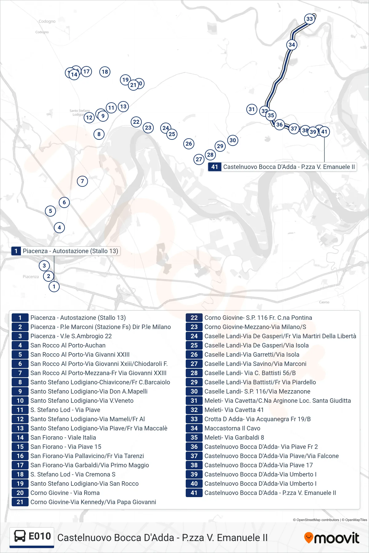 Linea E010  bus (Castelnuovo Bocca D'Adda - P.zza V. Emanuele II) - Percorsi e fermate sulla mappa