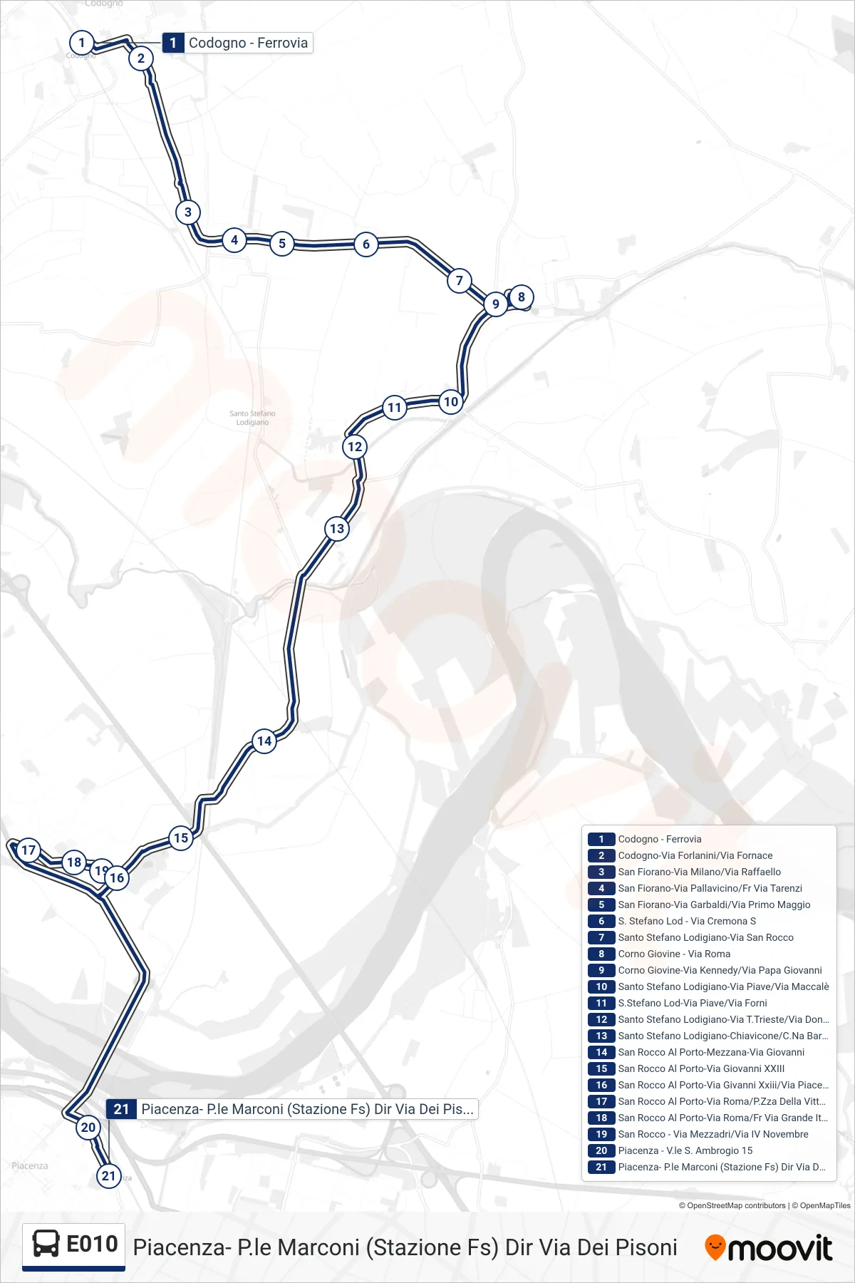 Linea E010  bus (Piacenza- P.le Marconi (Stazione Fs) Dir Via Dei Pisoni) - Percorsi e fermate sulla mappa