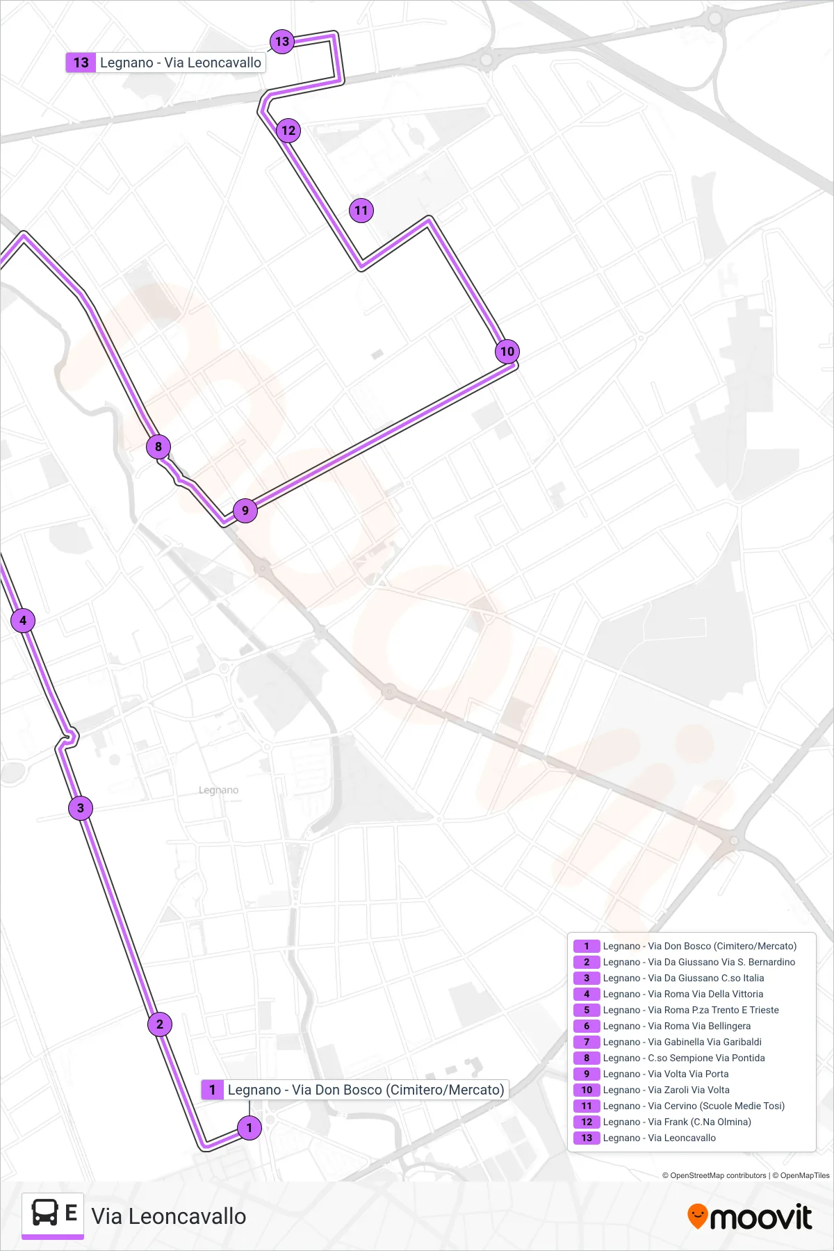 Linea E bus (Via Leoncavallo) - Percorsi e fermate sulla mappa