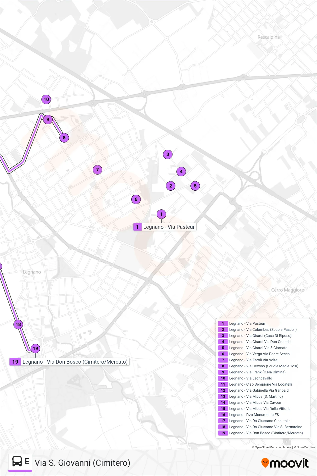 Linea E bus (Via S. Giovanni (Cimitero)) - Percorsi e fermate sulla mappa