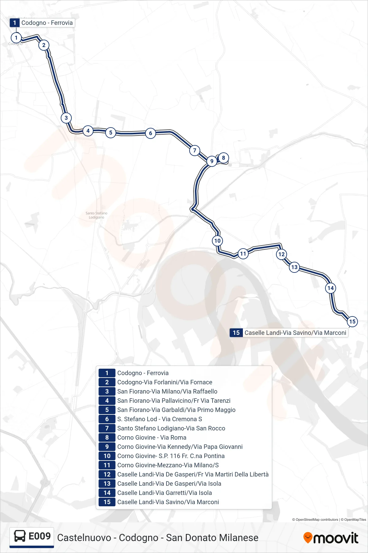 Linea E009 bus (Caselle Landi-Via Savino/Via Marconi) - Percorsi e fermate sulla mappa