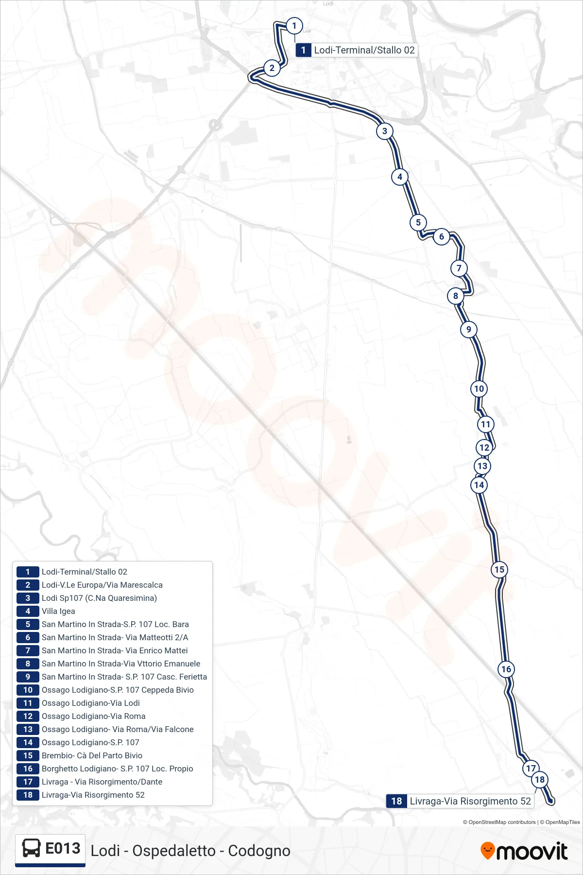 Linea E013 bus (Livraga-Via Risorgimento 52) - Percorsi e fermate sulla mappa