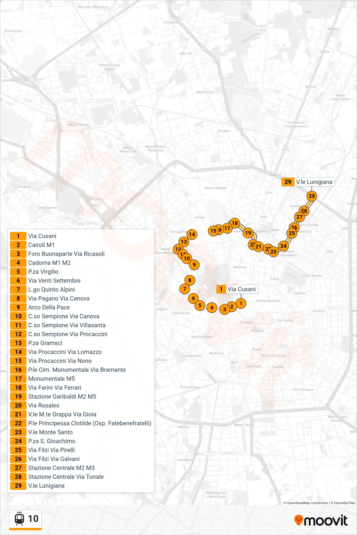 Linea 10 tram (V.le Lunigiana) - Percorsi e fermate sulla mappa