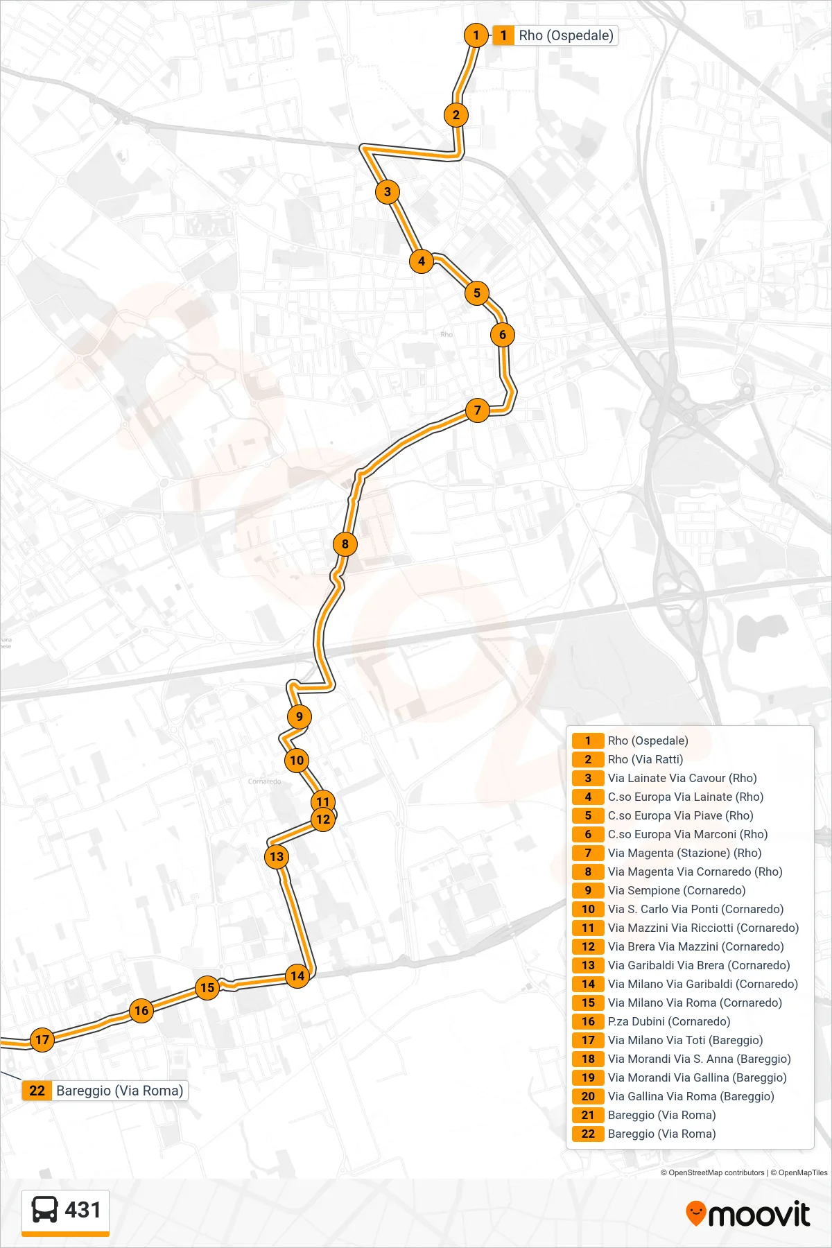 Mappa del percorso della linea - 431 - Bareggio Via Roma - Fermate