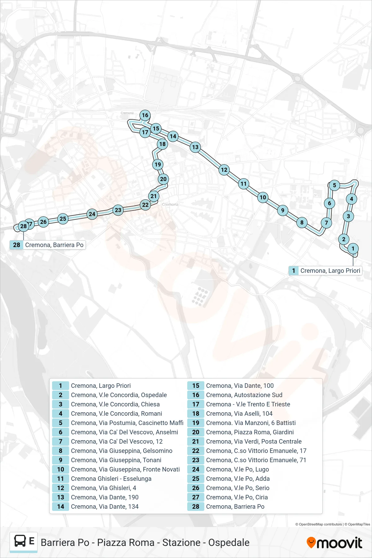 Linea E bus (Barriera Po) - Percorsi e fermate sulla mappa